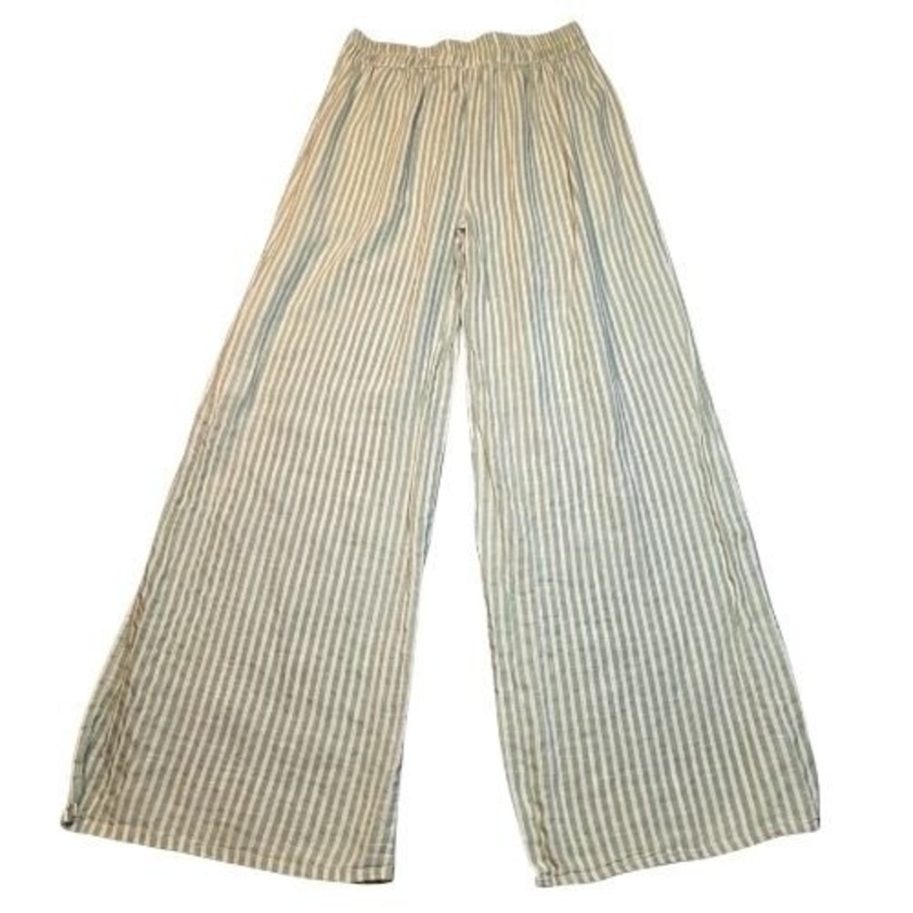 Salty Lemon Sage Green White Striped Wide Leg 100% Cotton Linen Pants Coastal - Picture 2 of 16